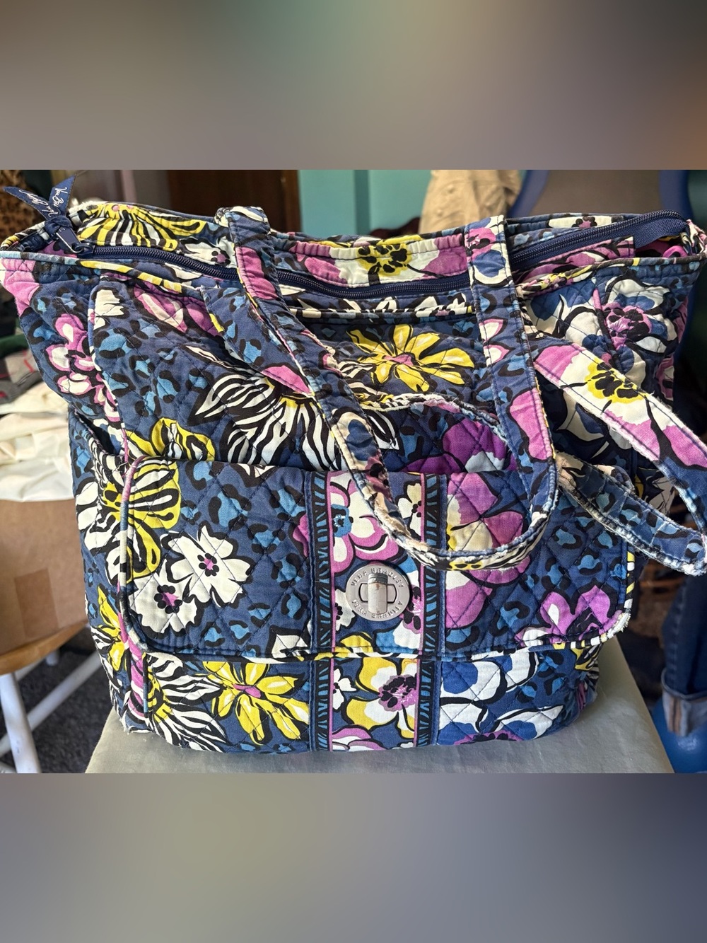 Vera Bradley Quilted Floral Tote — Navy, Pink & Yellow